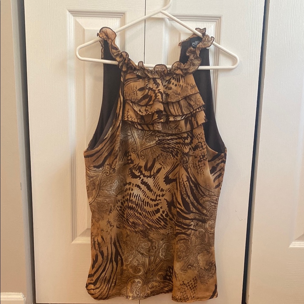 Ruffled Tan and Brown Sleeveless Tank Top